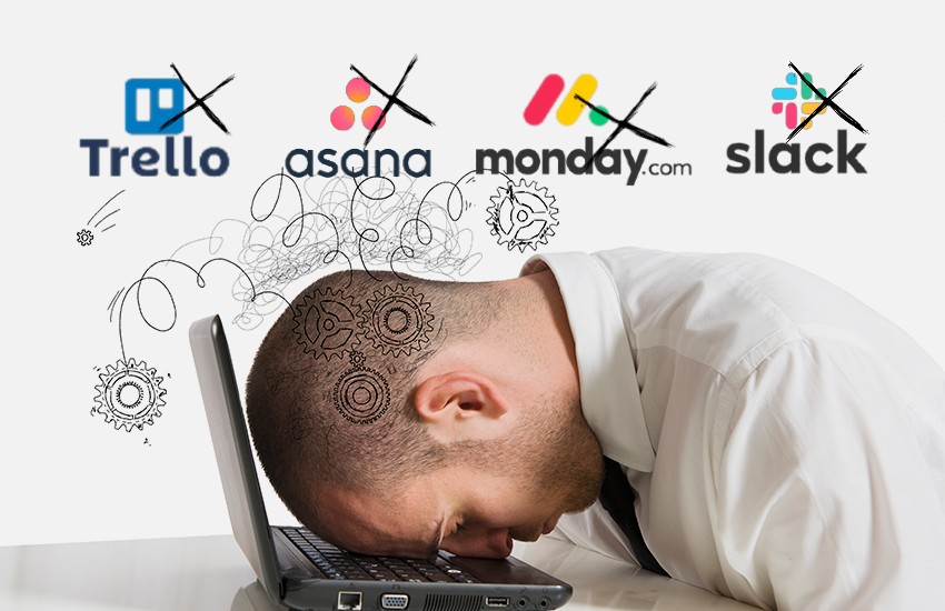 Homem irritado com o Trello, Asana, Monday e Slack