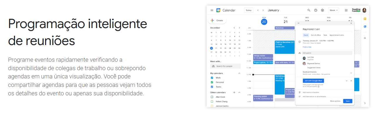 Print da home do app Google Calendário: Agendas online integradas para equipes.