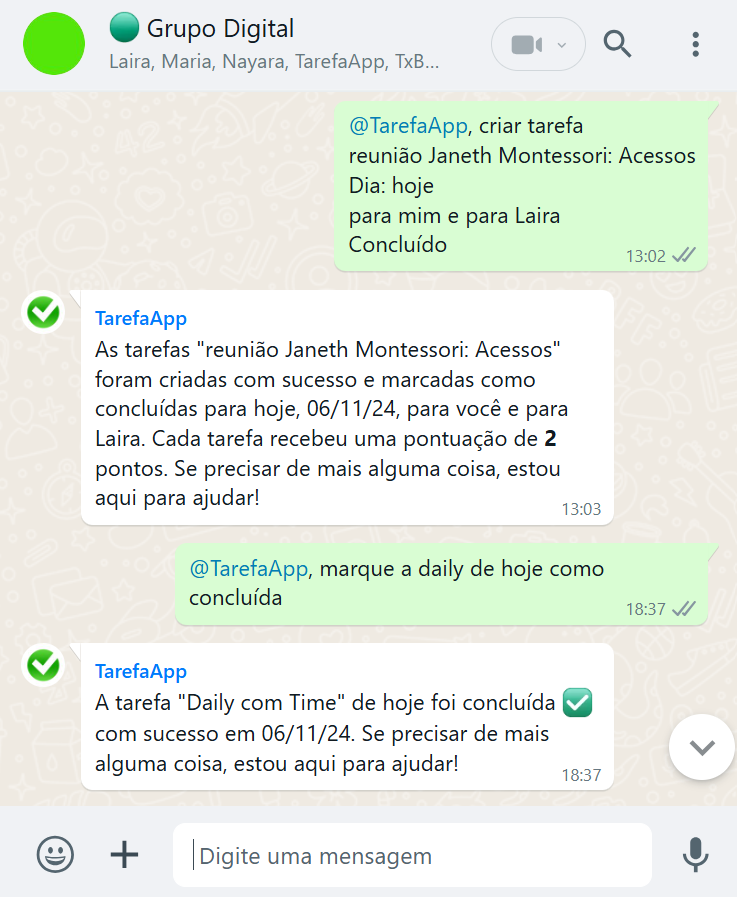 Concluir tarefa no grupo WhatsApp