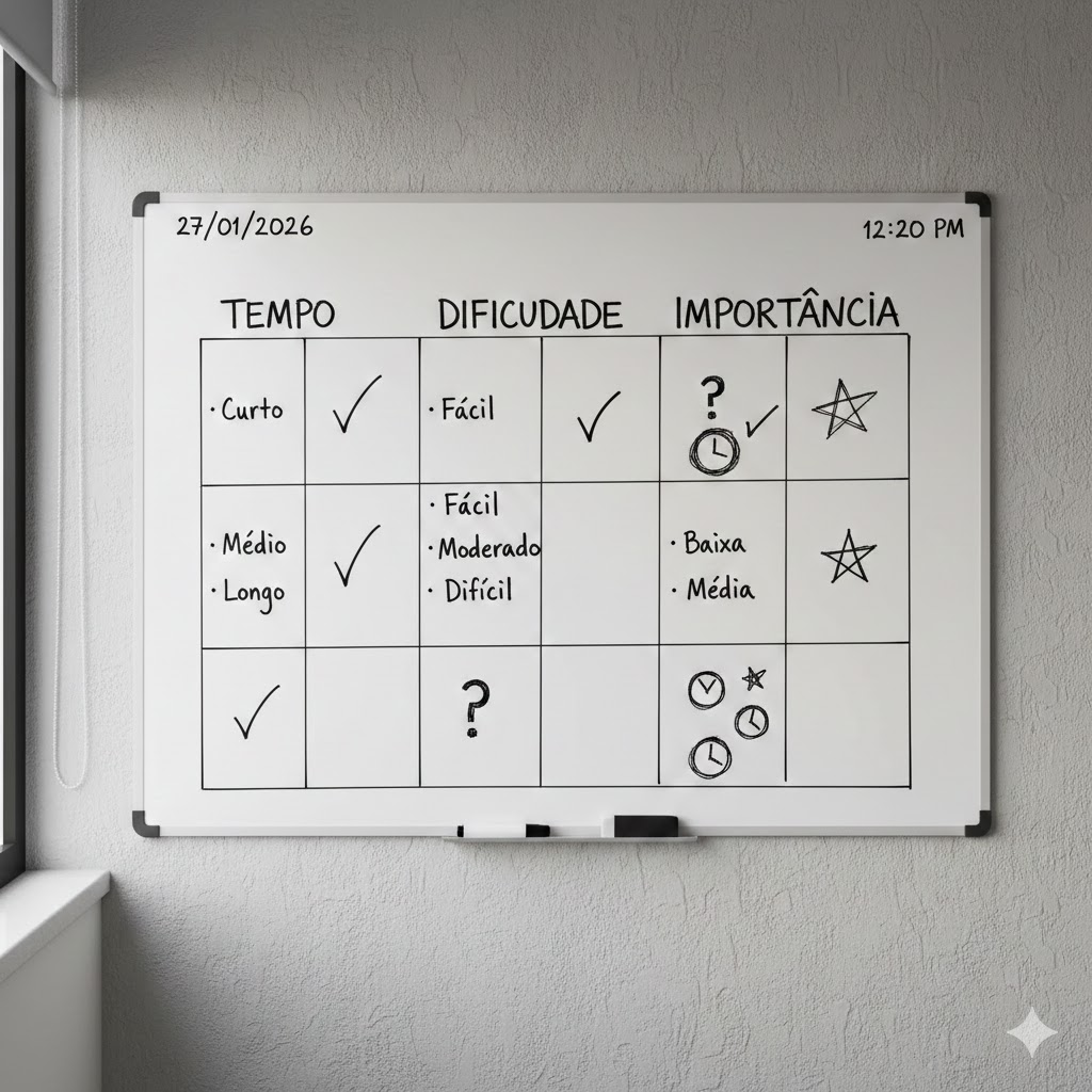 Pontuação: Tempo, Dificuldade e Importância.